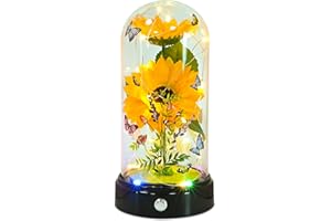 TECHSHARE Sunflower Gifts for Women,Yellow Artificial Sunflowers with LED Light in Glass Dome,Cute Sunflower for Christmas,Birthday, Mother's Day, Valentine's Day