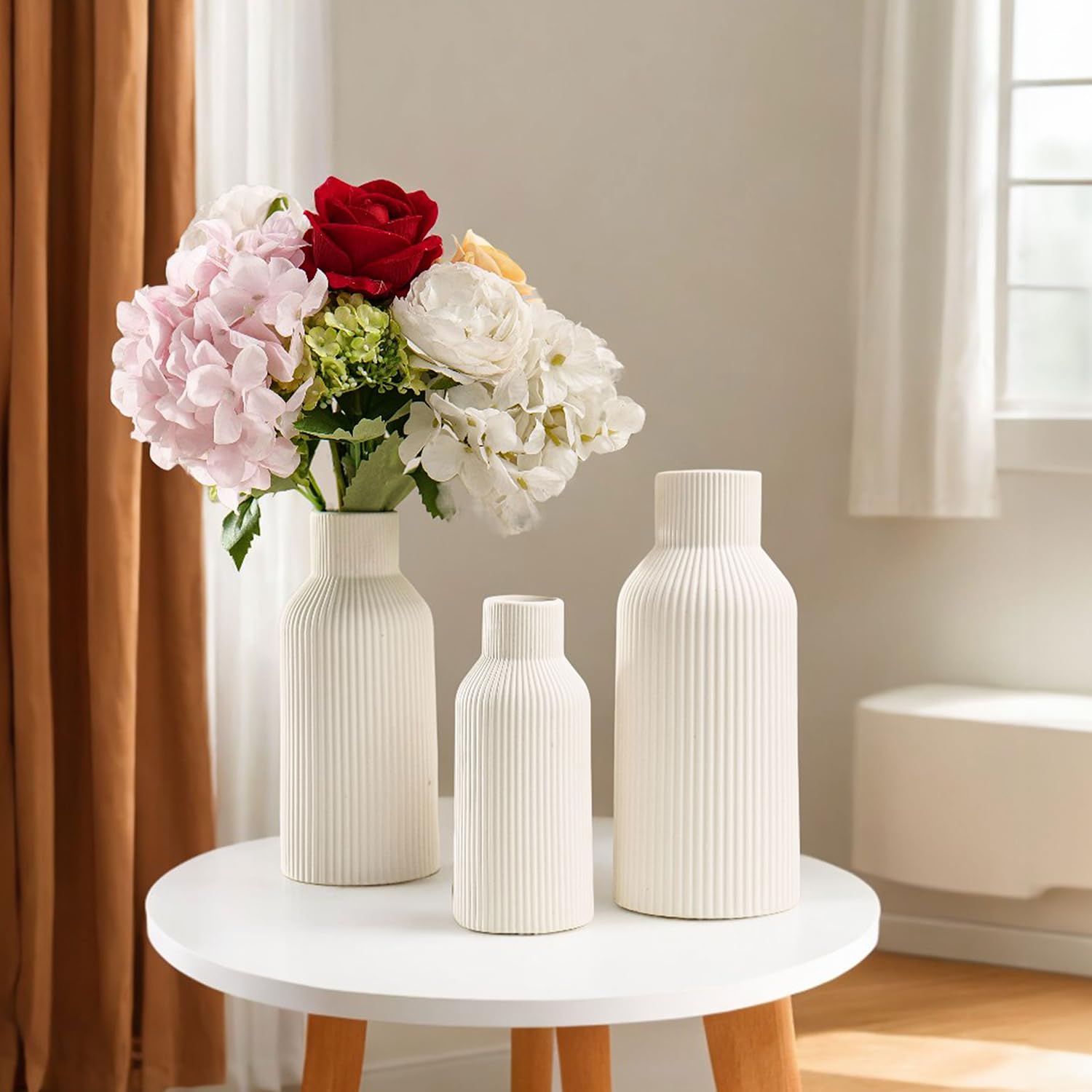 HEGELDA Vase, White Ceramic Vase Set of 3 - Minimalist Modern Home Decor for Desk, Shelf, and Table - Aesthetic Flower Vases for Entryway, Mantle, and Bookshelf (8" H, 6.8" H, 5.7" H) - Image 7