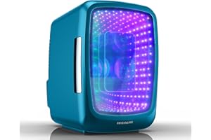 Frigidaire Gaming Light Up Mini Beverage Refrigerator, 6 can, 4 liters, Cooler with large see through door and LED lights Perfect for Gaming Experience, Home, Office, or Cars.12V Charger (Blue)