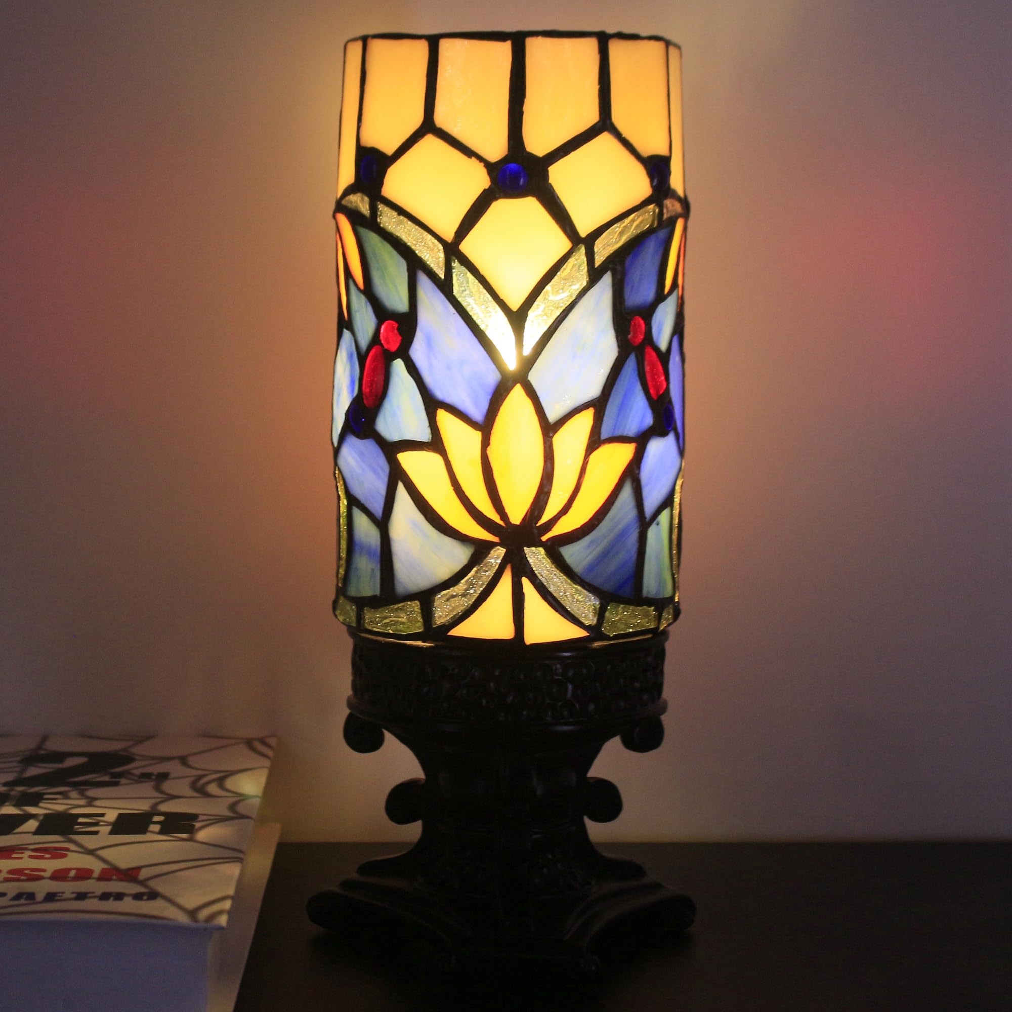 Photo 1 of Small Tiffany Table Lamp Mini Stained Glass Desk Lamp Sympathy Memory Table Lamp with Cylindrical Shade 4X10Inch (Blue Lotus Style)