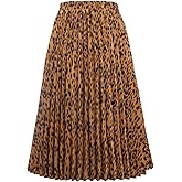 CHARTOU Womens Chic Elastic High Waisted A Line Leopard Print Pleated Shirring Midi-Long Skirt