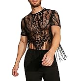 WDIRARA Men's Fringe Hem Shirts Floral Lace Mesh Scoop Neck Short Sleeve Tee Shirt See Through Party Outfits