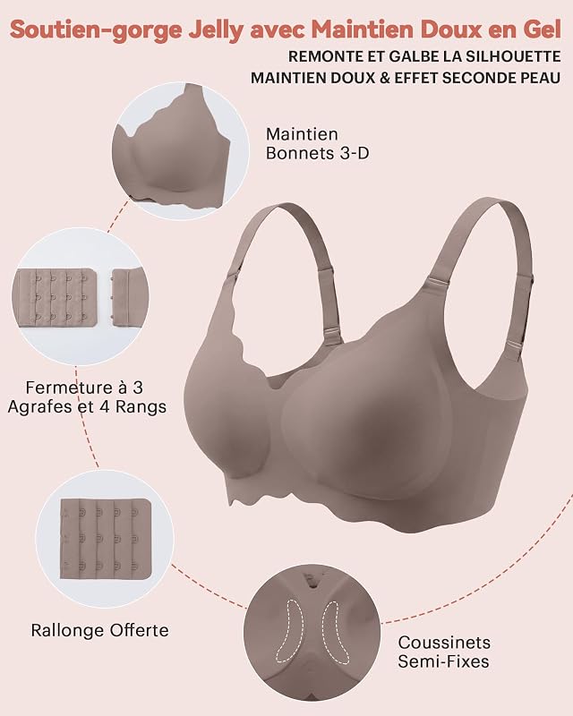 Soutien-Gorge sans Armature Confortable Col V Festonné Marron XL