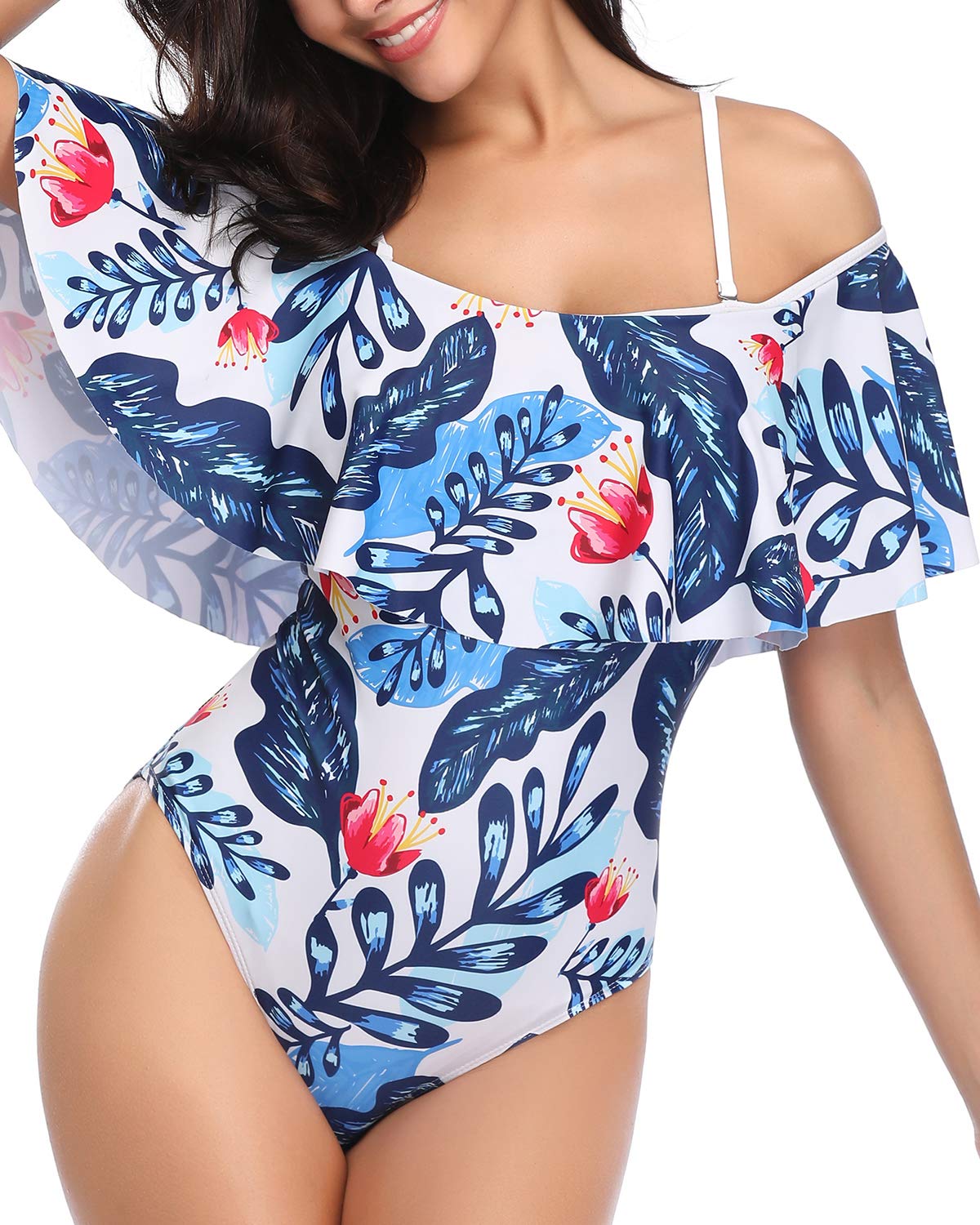 Women Off Shoulder One Piece Swimsuit Leaf Print Flounce Ruffle Swimwear Retro Vintage Bathing Suits M