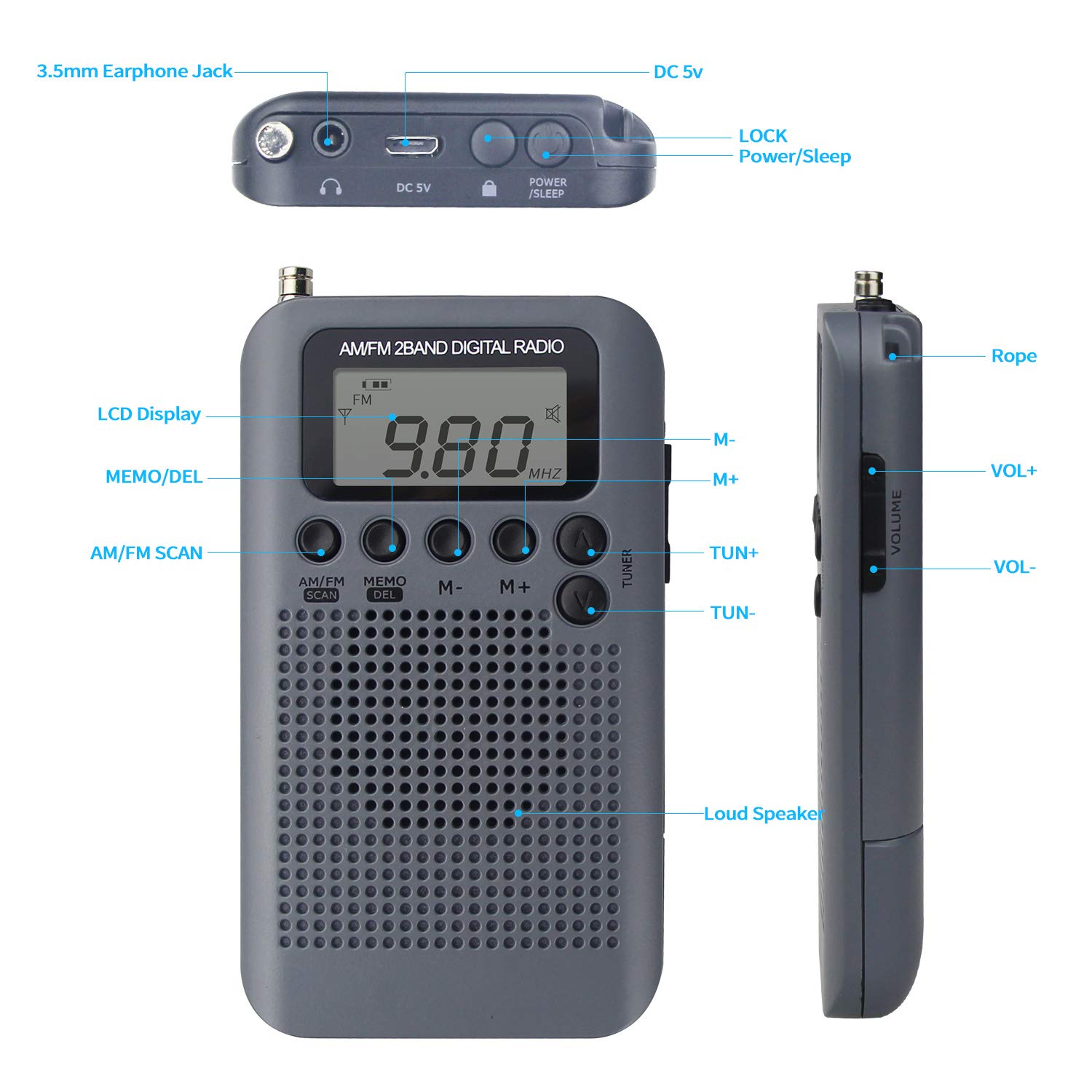 Silver Mini Radio Portátil Pequeña Mini Radio de Bolsillo Am FM Estéreo