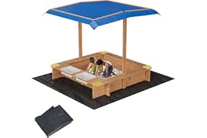 WARMTOBABY Wooden Sandbox with UV-Resistant Canopy, Side Buckets, and Drainage Liner – Durable, Weather-Resistant Fir Wood for Kids' Outdoor Play