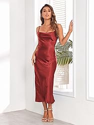 Women's Spaghetti Strap Midi Satin Silk Dresses
