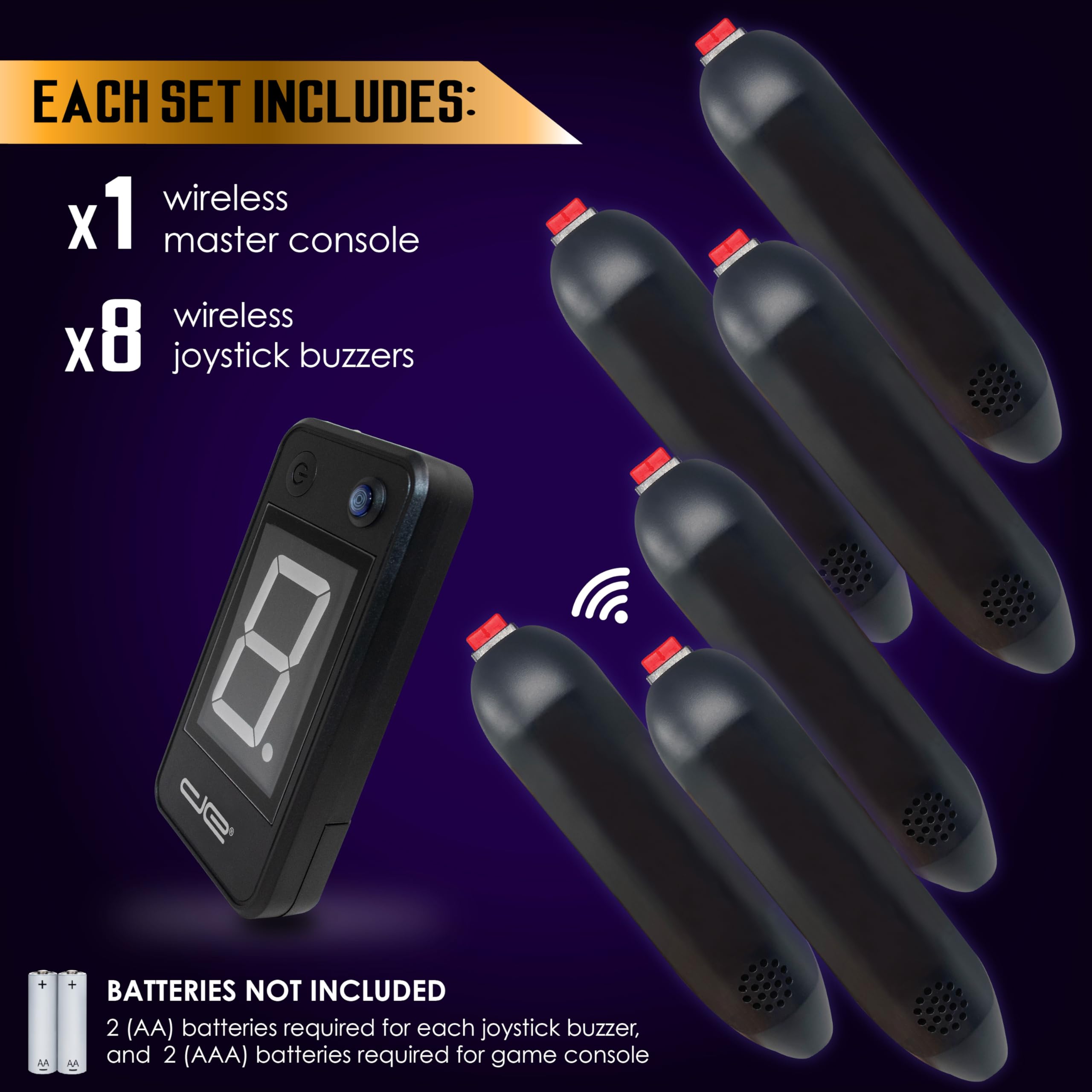 Digital Energy Wireless Handheld Game Buzzer System - Console Displays First Buzz-in - Great for Jeopardy, Family Feud, Trivia and Buzz Games - 8 Joystick Buzzers