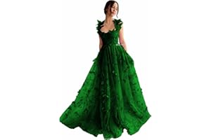 QFMYYXGS 3D Butterfly Tulle Prom Dresses for Women 2025 Long Lace Applique Ball Gown Formal Evening Party Gown with Slit