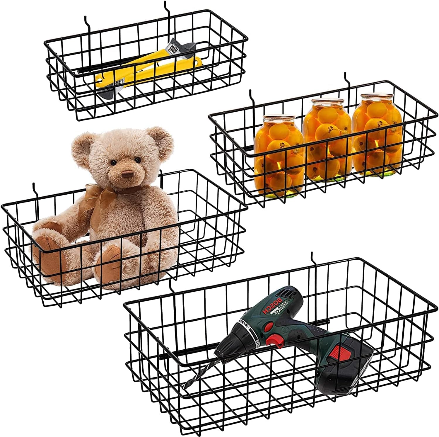 4 Pack Pegboard Baskets Bins Set, Square Style 4 Size Black Metal Wire Shelves Hooks to Any Peg Board - Organize Tools, Workbench, Accessories, Garage Storage Wall Mount Organizer Attachments
