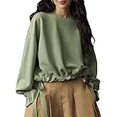 Wyeysyt Womens Crewneck Sweatshirt Oversized Long Sleeve Fleece Lined Sweatshirts with Drawstring Ruffle Hem