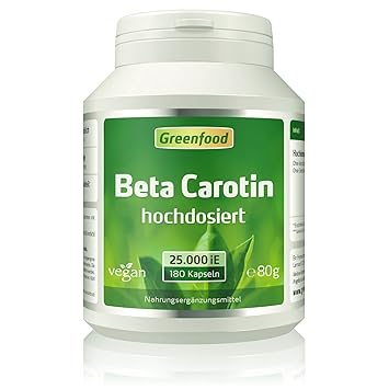Greenfood Beta Carotin, 25000 iE, extra hochdosiert, 180 Vegi-Kapseln – Vorstufe von Vitamin A (Bräune, Hautschutz, Sehschärf