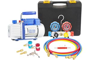 P PBAUTOS 4CFM Vacuum Pump & 4-Way Manifold Gauge Set for R410a, R22, R134A, R404A HVAC A/C Refrigeration Recharging and Maintenance - 1/3HP Single Stage, Without Oil