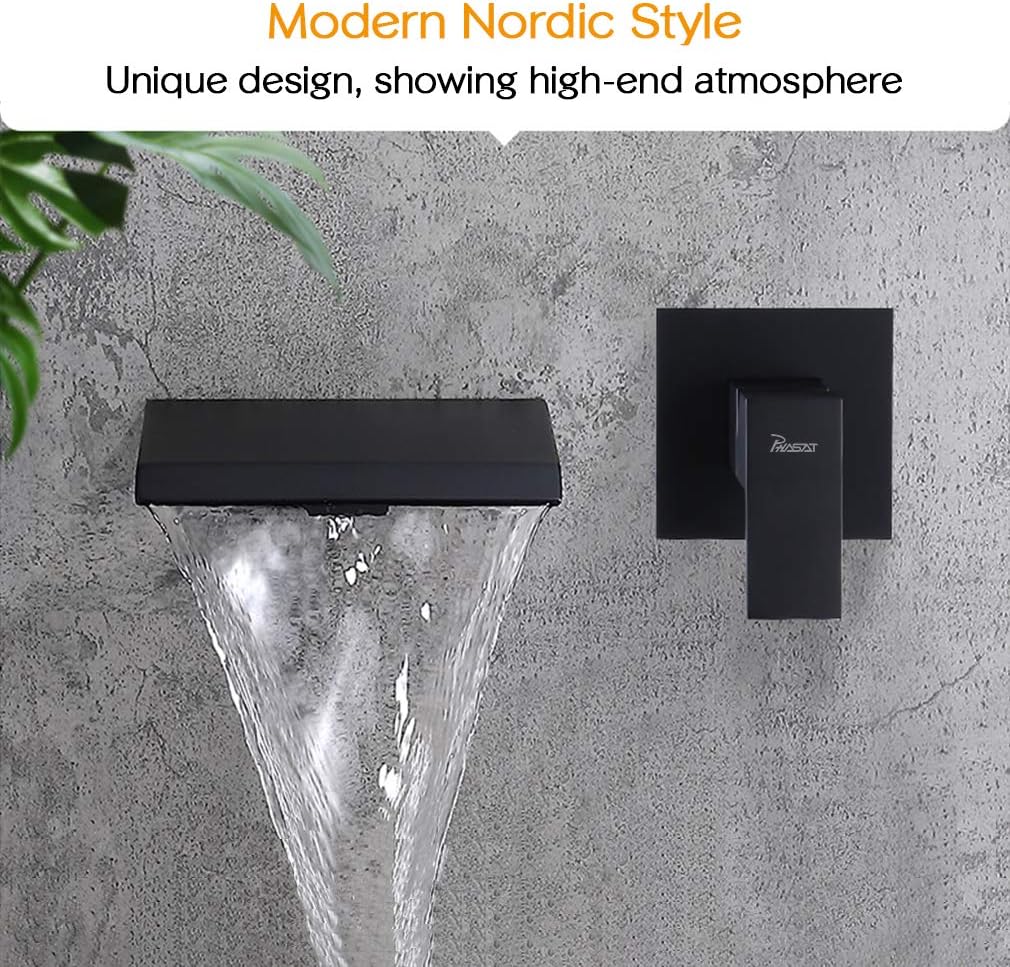 PHASAT Black Wall Mounted Bath Taps Brass Waterfall Basin Mixer Taps with 20cm Wide Spout Bath Filler Taps BB02E - Image 5
