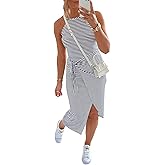 NOLLSOM Women Casual Sleeveless Striped Tank Midi Dresses Halter Neck Ruched Bodycon Dresses Tie Waist T Shirt Summer Dress