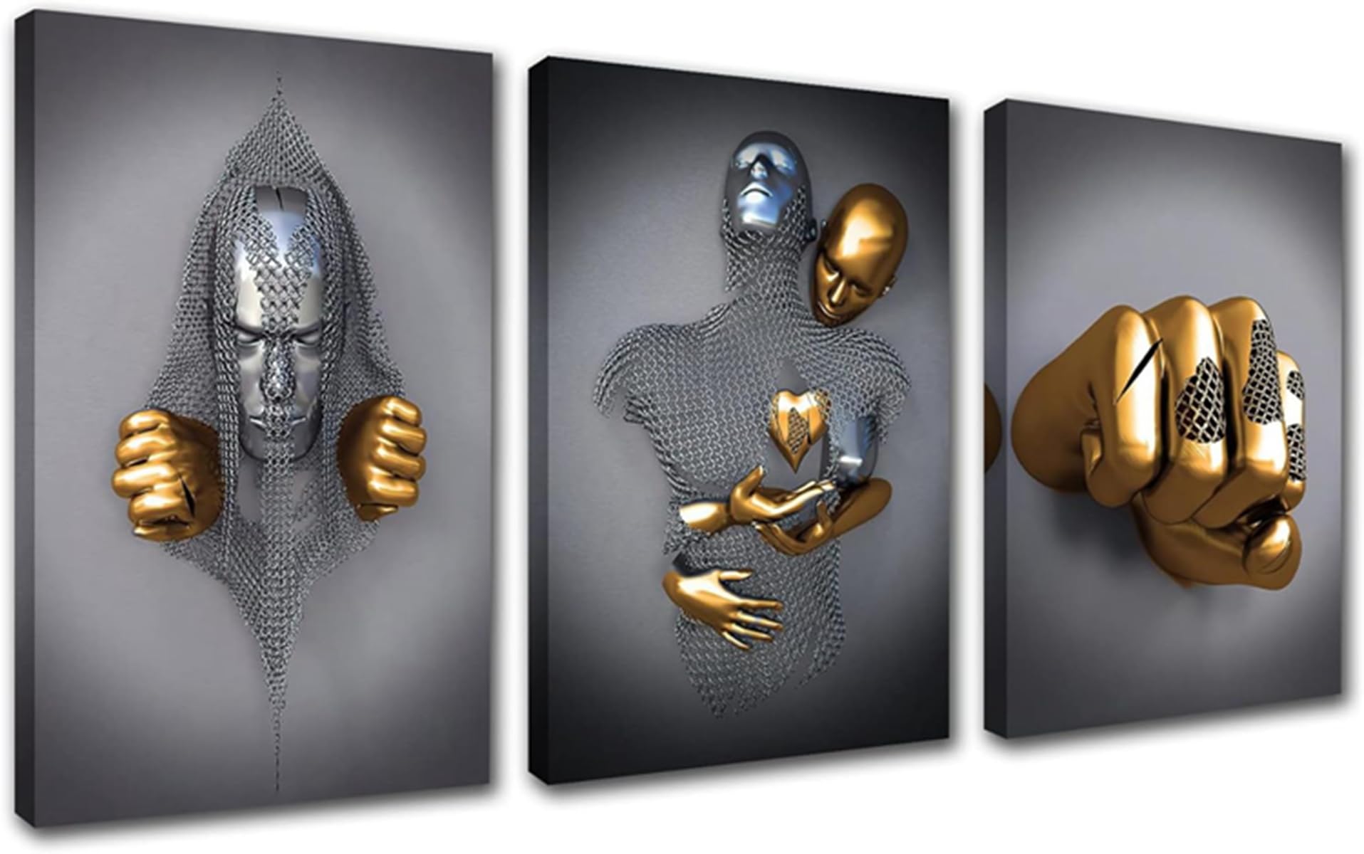 3D Metal Statue Art Love Heart Kiss Pictures Wall Art Living Room Wall Decor - Unframed (Poster 6.5 x 70 cm x 3)