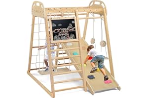 JOYMOR 8-in-1 Indoor Jungle Gym for Kids and Toddlers with Hanging-Bridge and Swing, Wooden Indoor Playground with Slide, Blackboard, Ladders for Toddler Climbers