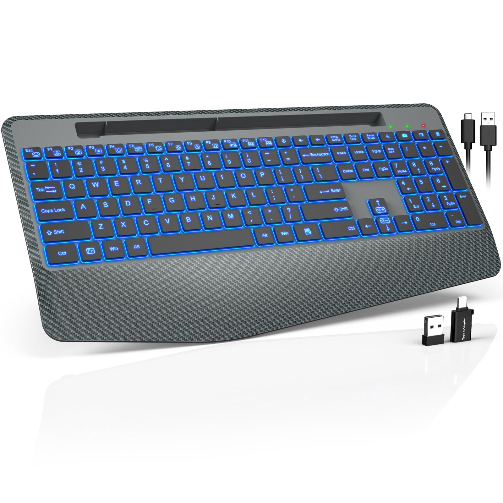 Photo 1 of Wireless Keyboard with 7 Colored Backlit, Wrist Rest, Phone Holder, Rechargeable Ergonomic Computer Keyboard with Silent Key, Full Size Lighted Keyboard for Windows, MacBook, PC, Laptop (Gray)