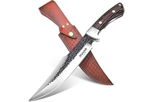 Huusk Fixed Blade Bowie Knife - 8" Hunting Knife with Sheath, Full Tang Survival Knives with Ergonomic Wood Handle, Outdoor Bushcraft Knives for Camping Hiking Fishing BBQ, Father's Day Gifts Box