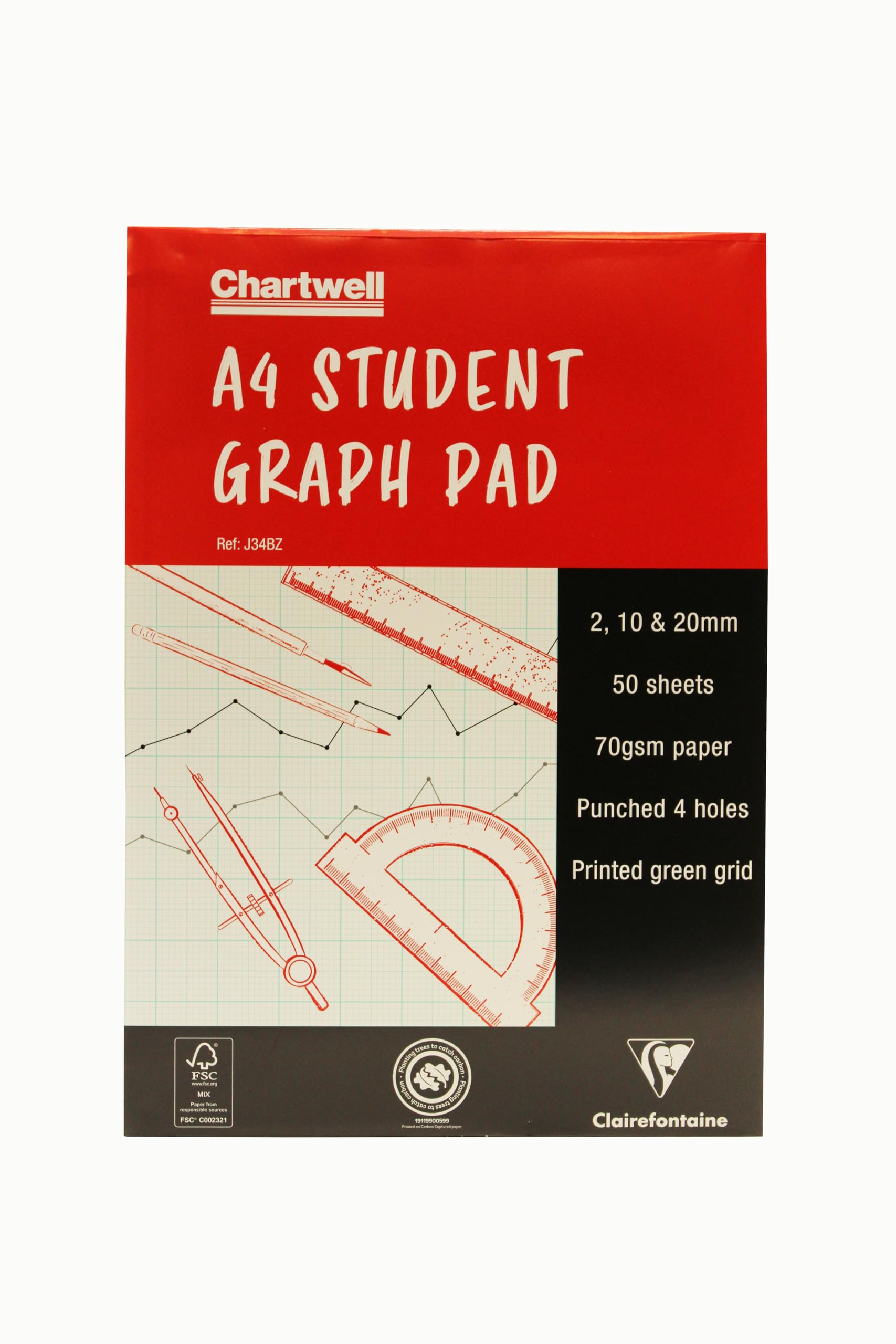 Clairefontaine - Ref J34BZ - Chartwell Graph Pad (Contains 50 Sheets) - A4 (210 x 297mm) Sized, 2, 10 & 20mm Square Rulings, 70gsm Punched Paper, FSC-Certified