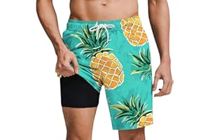 Mens Swim Trunks with Compression Liner Graphic Quick Dry Board Shorts Elastic Waist Gym Running Beach Shorts Pockets