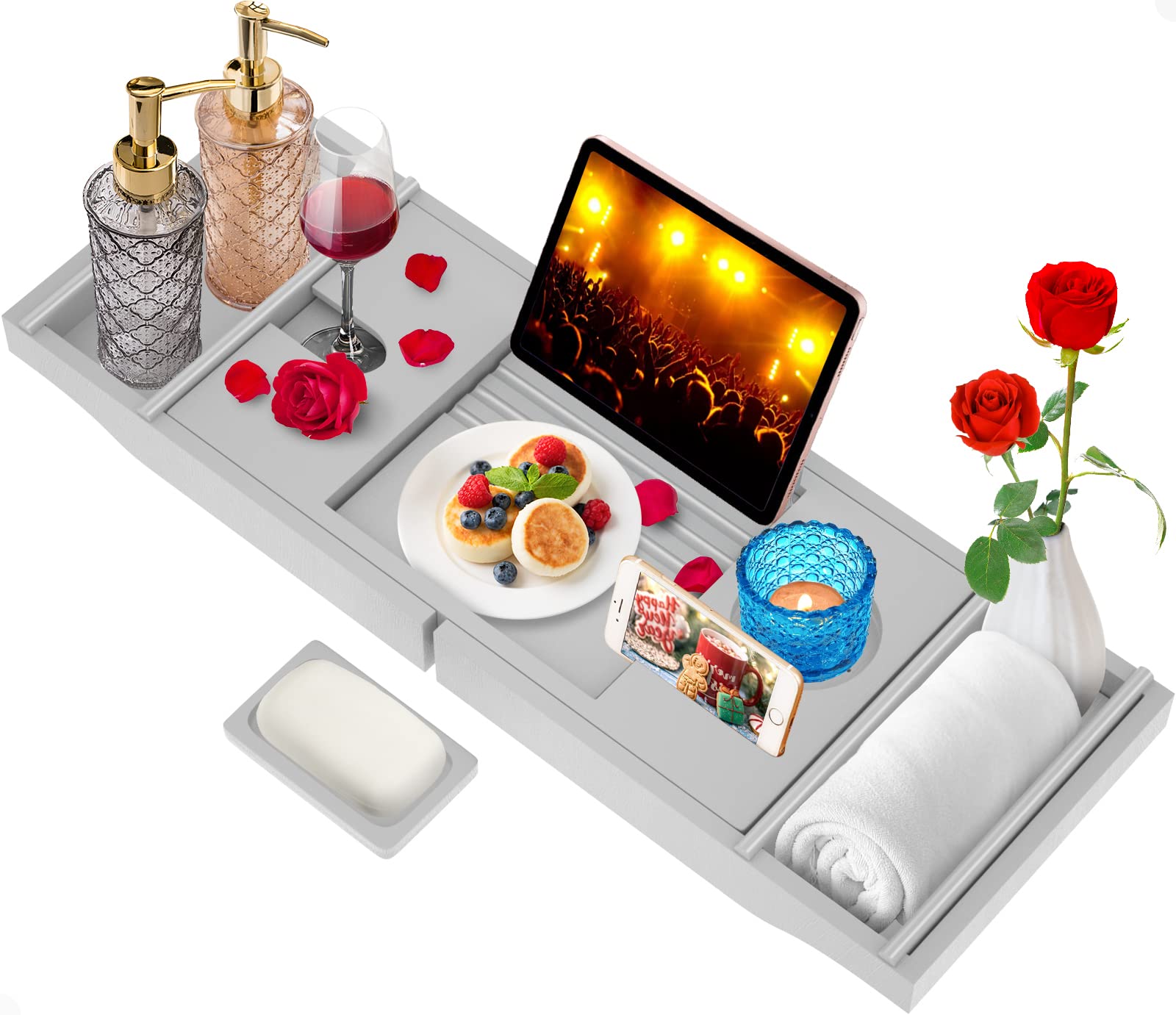 Artmalle Luxury Bamboo Bathtub Caddy Tray with Book and Wine Holder,Bath Accessories & Bed Tray with Extending Sides,Bathroom Organizer for Men/Women,Free Soap Holder,Gray