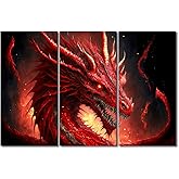 TUMOVO Dragon Wall Art Red Dragon Paintings On Canvas Modern Wall Artwork Canvas Frame Art Prints 3 Pieces Wall Art Boys Room Decor Contemporary Home Decorations for Living Room, 42x28 Inches
