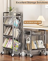 5-Tier Rolling Book Cart, Mobile Bookshelf with 2
