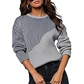 Sidefeel Womens Long Sleeve Crewneck Color Block Pullover Sweaters Casual Striped Loose Knit Tops Trendy Fall Outfits