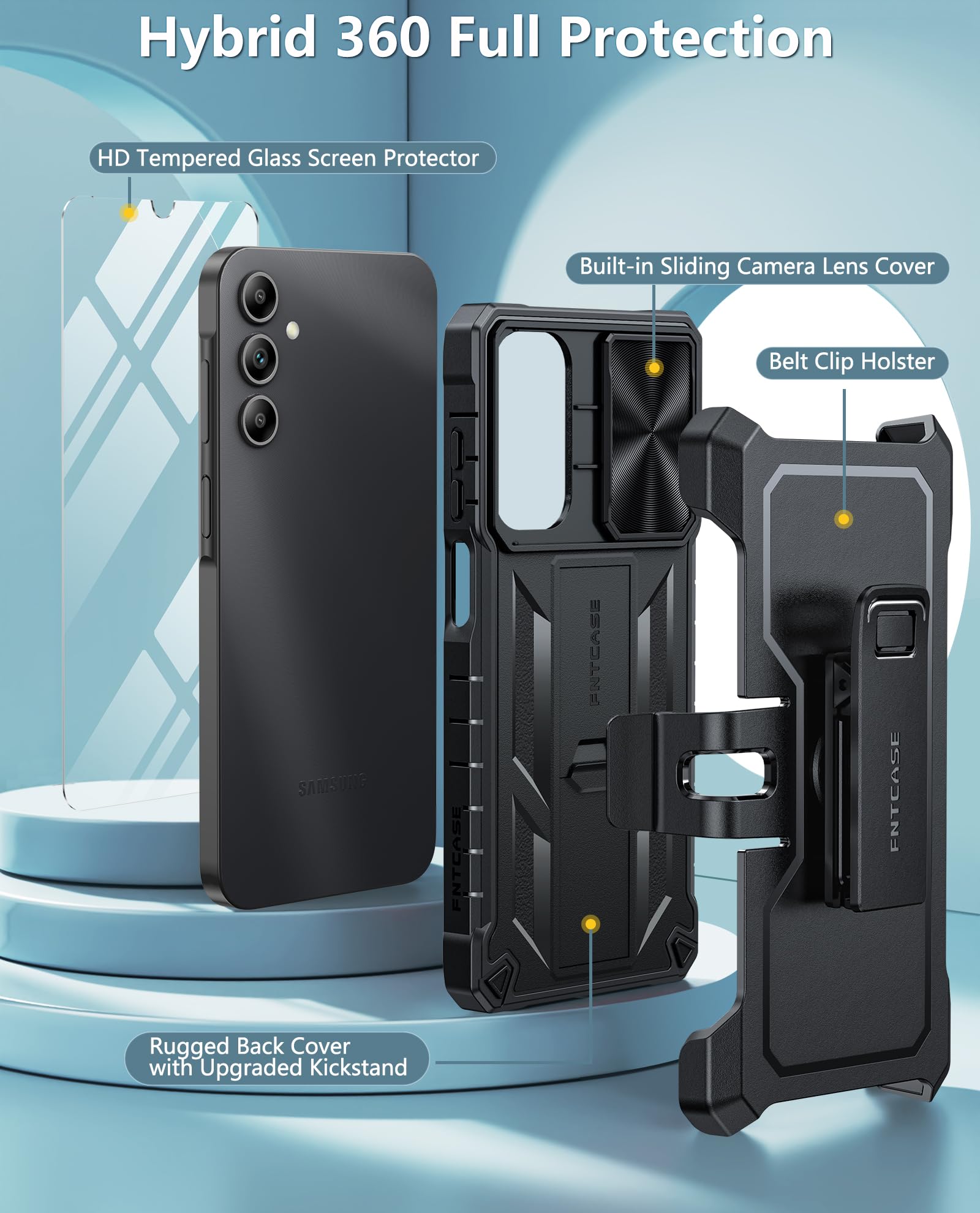 FNTCASE for Samsung Galaxy A15-5G Case: Rugged Protective Phone Cases with Kickstand & Holster | Military Grade Shockproof Protection Sturdy Heavy Duty Drop Proof Hard Covers 6.5 inch Black
