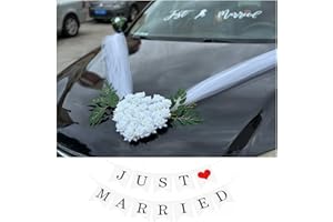 HANDMADE Heart-Shaped Wedding Car Hood Decoration with Angel Wing Design –2 Rearview Artificial Flowers, White Tulle Ribbons & Just Married Decal Set