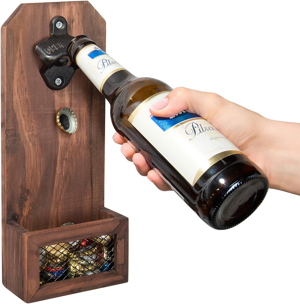 Cucina di Modena Wandflaschenöffner: Flaschenöffner mit Kronkorken-Auffangbehälter, Holz, zur Wandmontage (Flaschenoeffner)