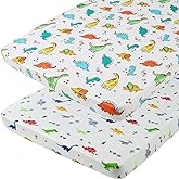 Onacosht Pack n Play Sheets 2 Pack for Baby Boy, Stretchy Jersey Knitted Portable Mini Crib Sheets Playard Mattress Cover, Dinosaur Printing