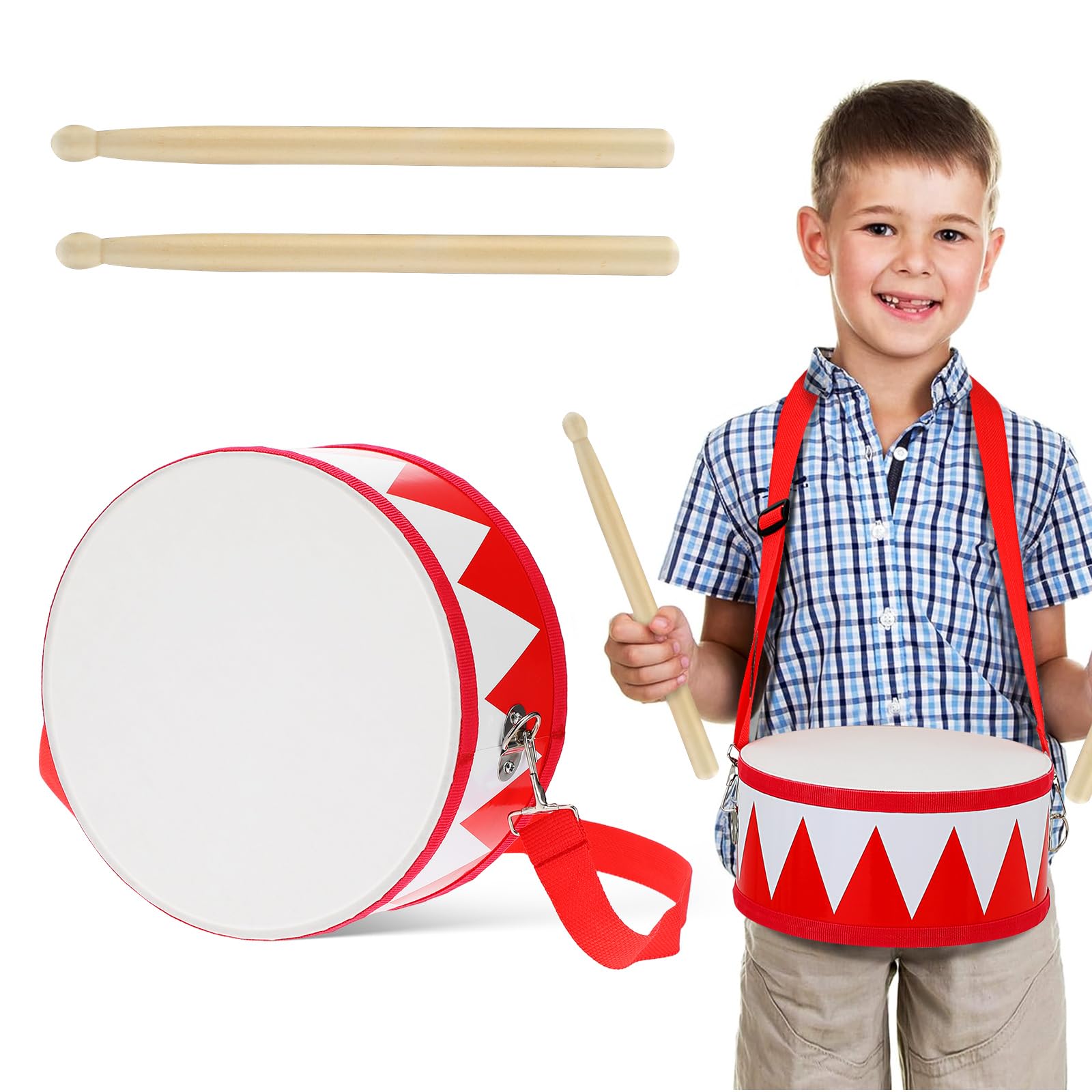 Snare Drum, 8 inch Drum for Kids - Baby Musical Toys with an Adjustable Strap and 2 Drumsticks - Educational Wooden Toys Sensory Musical Instrument for Toddler Boys & Girls