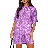 MIYIEONZ Women's Crew Neck Sequin Dress for Women Sexy V Neck Shirt Dress Sparkly Half Sleeve Loose Party Club Cocktail Dress