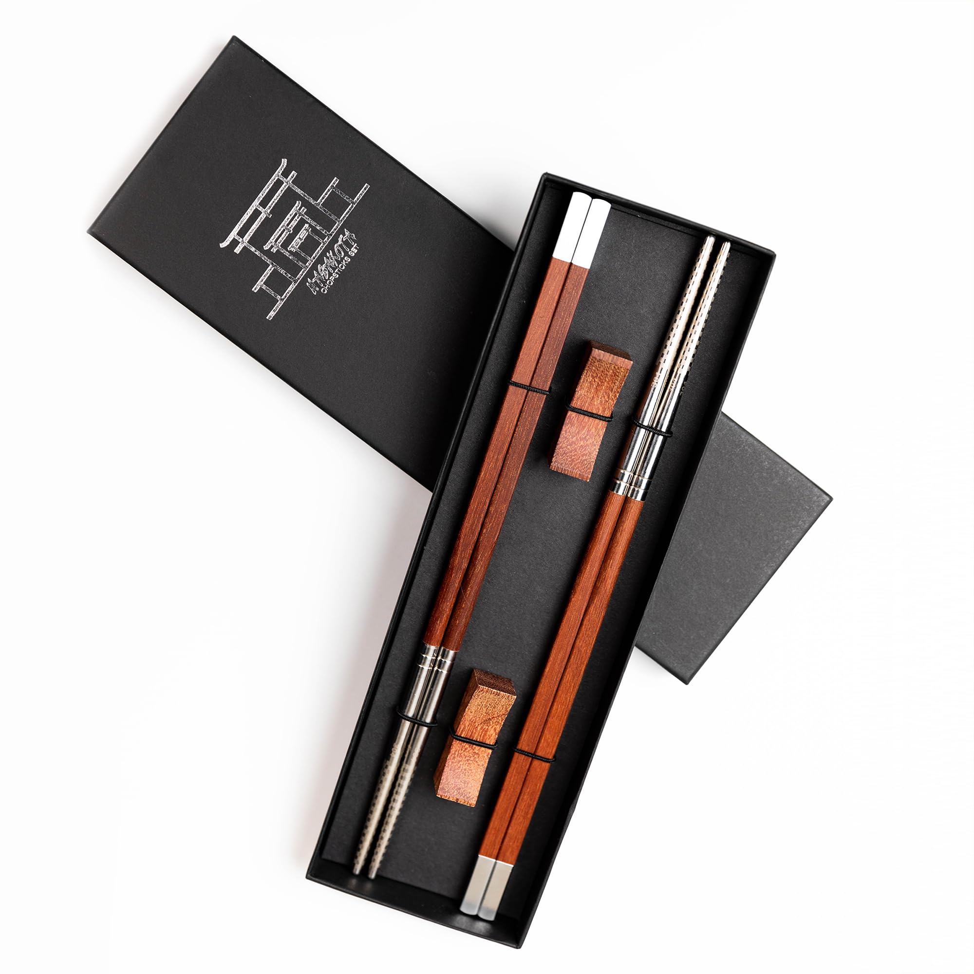 Nasakota Wood and Stainless Steel Chopsticks Set with Wooden Rest, Japanese Chinese Chop Sticks for Sushi Ramen Noodles Rice