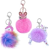 3 Pieces Animal Pom Pom Keychain Cute Fluffy Key Ring Unicorn Keychain for Women Bag Accessories