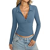 Womens Cotton Polo Collared Shirt Long Sleeve Sexy Deep V Neck Top Button Up Slim Fitted Tee Business Casual Outfit