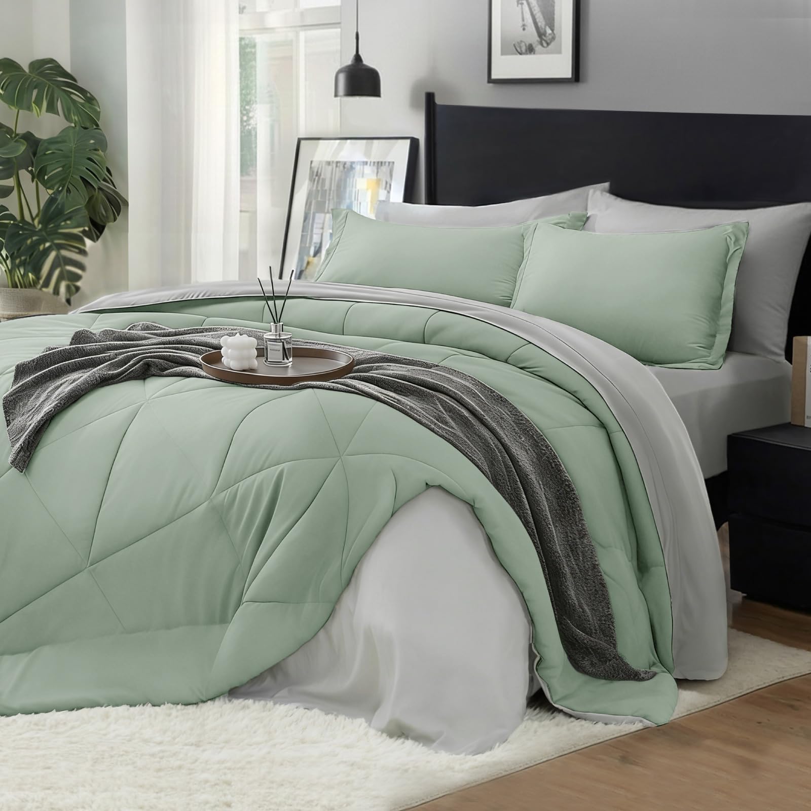 BEDELITE King Size Comforter Set 7 Pieces Bed in A Bag - Soft Microfiber Reversible Sage Green Bed Set with Comforters, Sheets, Pillowcases & Shams, Cozy Luxury Bedding Sets for All Season Image