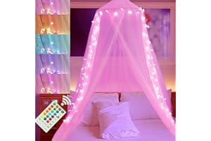 Elnsivo Pink Bed Canopy Color Changing 100 LED Star String Lights Light Up Canopy Bed Curtains, Princess Bed Canopy with Lights for Girls Women Bedroom Twin to King Size Bed Decor