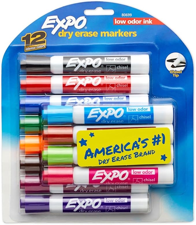 Expo Low Odor Chisel Tip Dry Erase Markers, 12 Colored Markers (80699