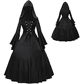 Mambabacosp Vintage Gothic Medieval Black Hooded Dress Halloween Front Lace Up Flare Sleeve Costume Dress