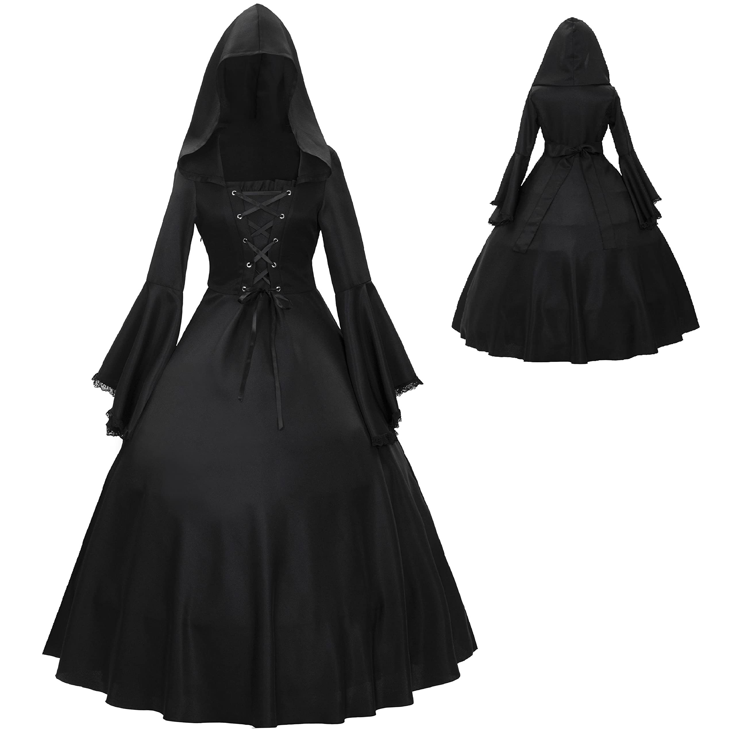 Photo 1 of Mambabacosp Vintage Gothic Medieval Black Hooded Dress Halloween Front Lace Up Flare Sleeve Costume Dress (Black, 2XL)