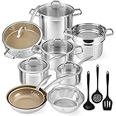 Duxtop 17PC Professional Stainless Steel Induction Cookware Set, Stainless Steel Ceramic Nonstick Pan Set, Impact-bonded Technology, FUSION Titanium Reinforced Ceramic Coating, Brown