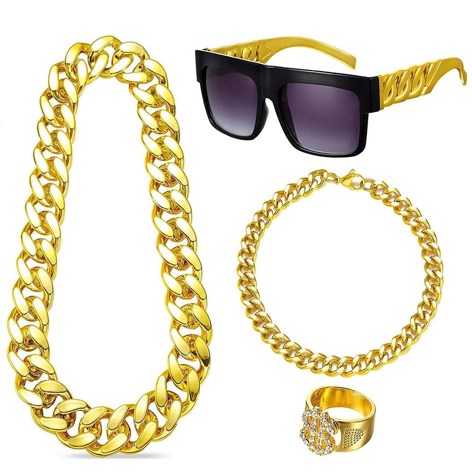 UYUYong Hip Hop Fancy Dress Hip Hop Costume Kit 80s/90s Rapper Fancy Dress Gold Dollar Ring + Dollar Necklace + Rap Sunglasses Bracelet for Masquerade Party Carnival Rapper Concert