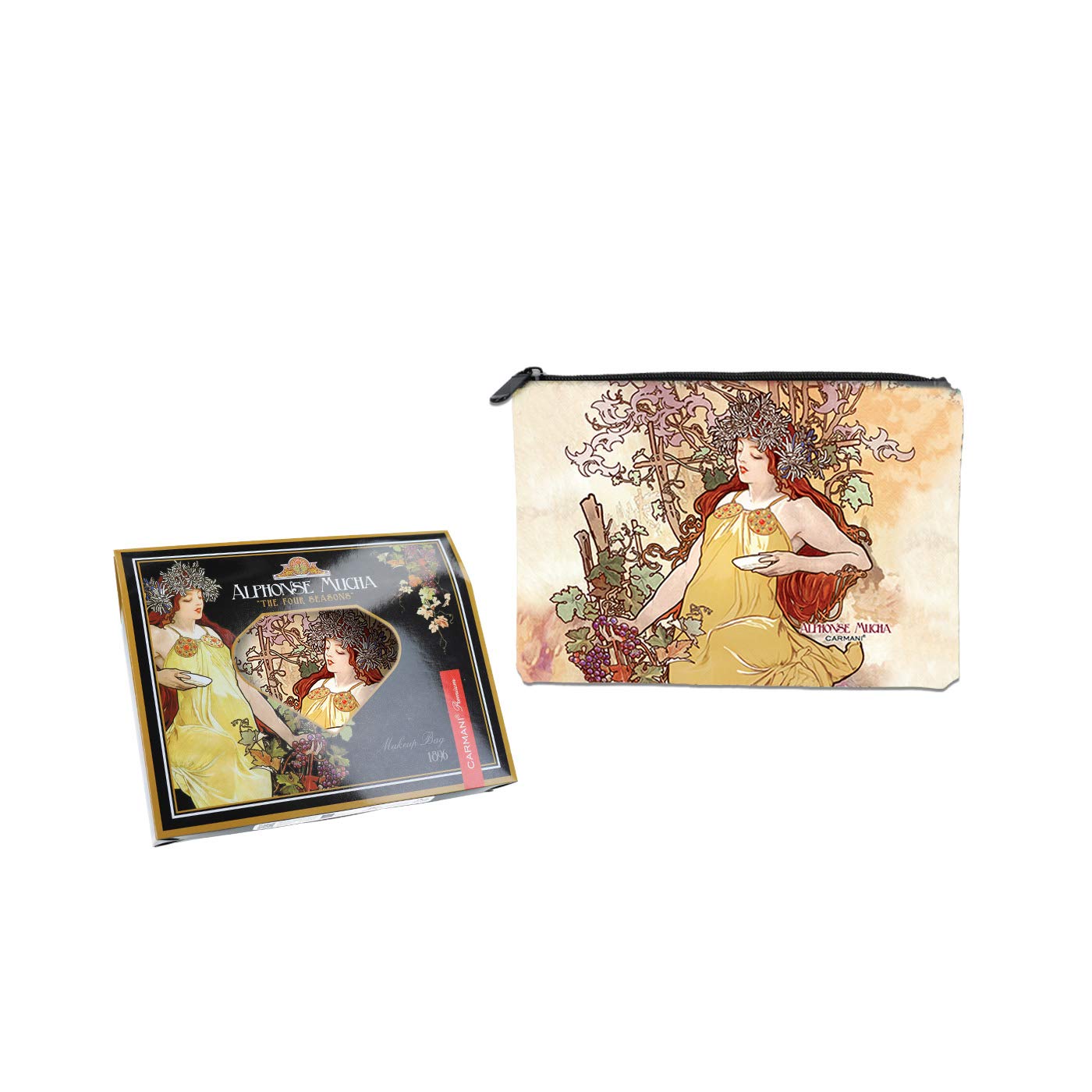 CARMANI - Medium Ladies Makeup Bag, Travel Pouch, Handbag Organizer, Cash Coin Purse, Multifunction Toiletry Storage Pouch for Women with Alphonse Mucha "Four Season Autumn"