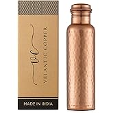 Pure Copper Water Bottle - 32 oz - Handcrafted BPA Free Non-Insulated Jointless Leakproof Durable Metal Bottles for Sports and Travel - Glossy Hammered