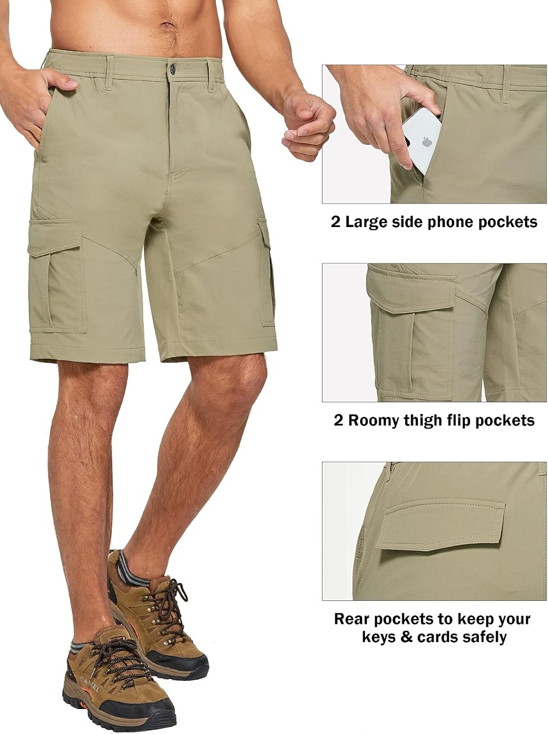 Mens Hiking Shorts Classic Relaxed Fit Stretch Cargo Casual with Multi Pockets Water-Resistant UPF Big and Tall Sizes: Clothing