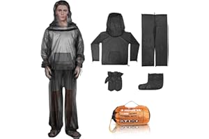 HOMEYA Bug Jacket L/XL, Anti Mosquito Netting Suit with Zipper on Hood Ultra-fine Mesh Pants Mitt Socks with Free Carry Pouch for Protecting Hunting Fishing Men Women