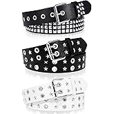 WQYILEAER 3 Pcs Black Studded Belt, Y2K Belt Star Goth EMO Punk Rock Double Grommet with Bright Pyramid Studded for Women Men (Studded Grommet)